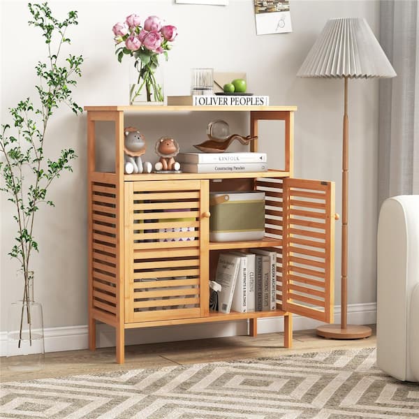 25 in. W x 11 in. D x 31.5 in. H Beige Bamboo Freestanding Linen Cabinet with Shutter Doors