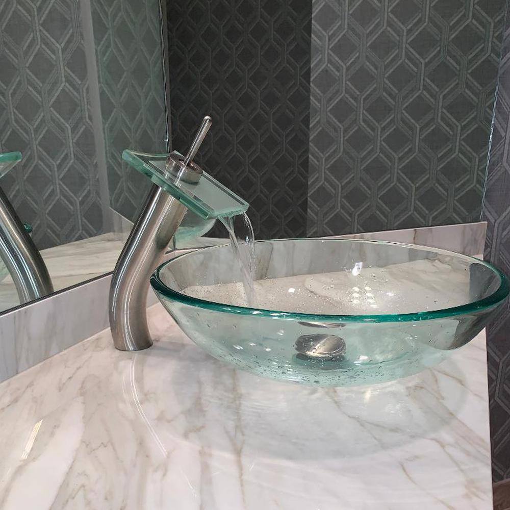 Brushed Nickel and Clear Glass Waterfall Vessel Faucet