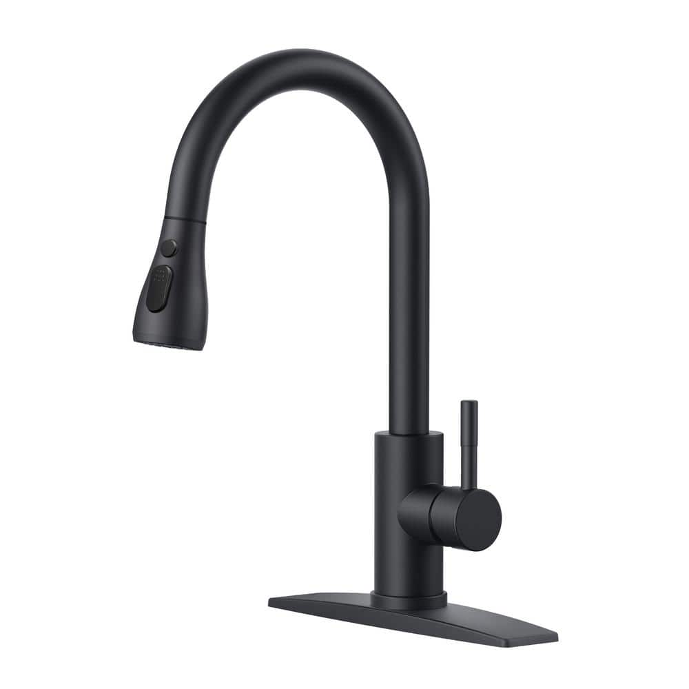 Single Handle Pull Down Sprayer Kitchen Faucet with Deck Plate in Matte Bla