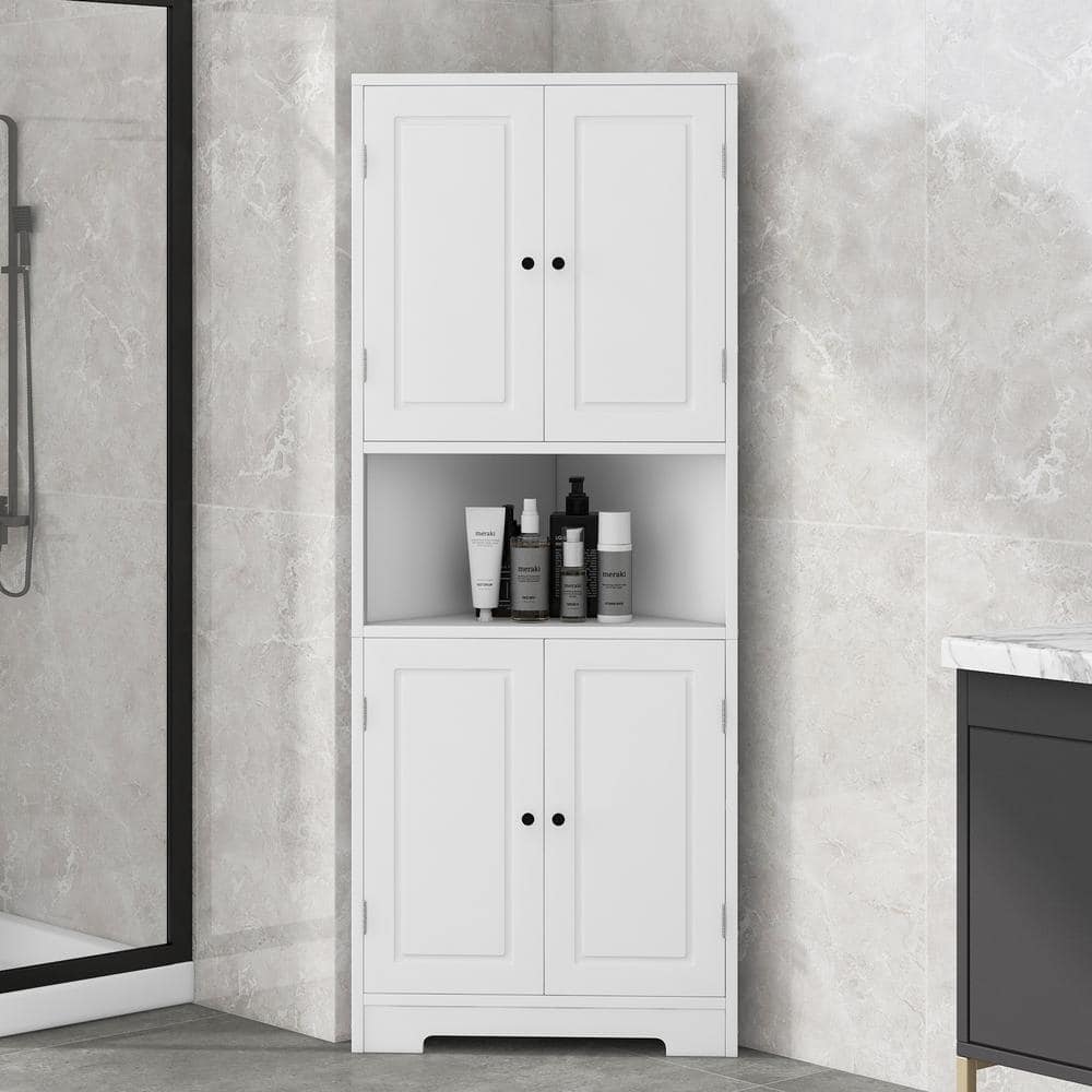 25 in. W x 14.96 in. D x 63.18 in. H White Tall Corner Linen Cabinet with 4