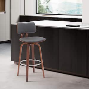 Pico Swivel 30 in. Grey/Walnut and Chrome Wood Bar Stool with Grey Faux Leather Seat