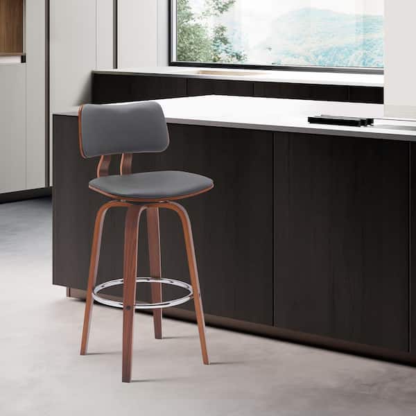 Armen Living Pico Swivel 30 in. Grey/Walnut and Chrome Wood Bar Stool with Grey Faux Leather Seat