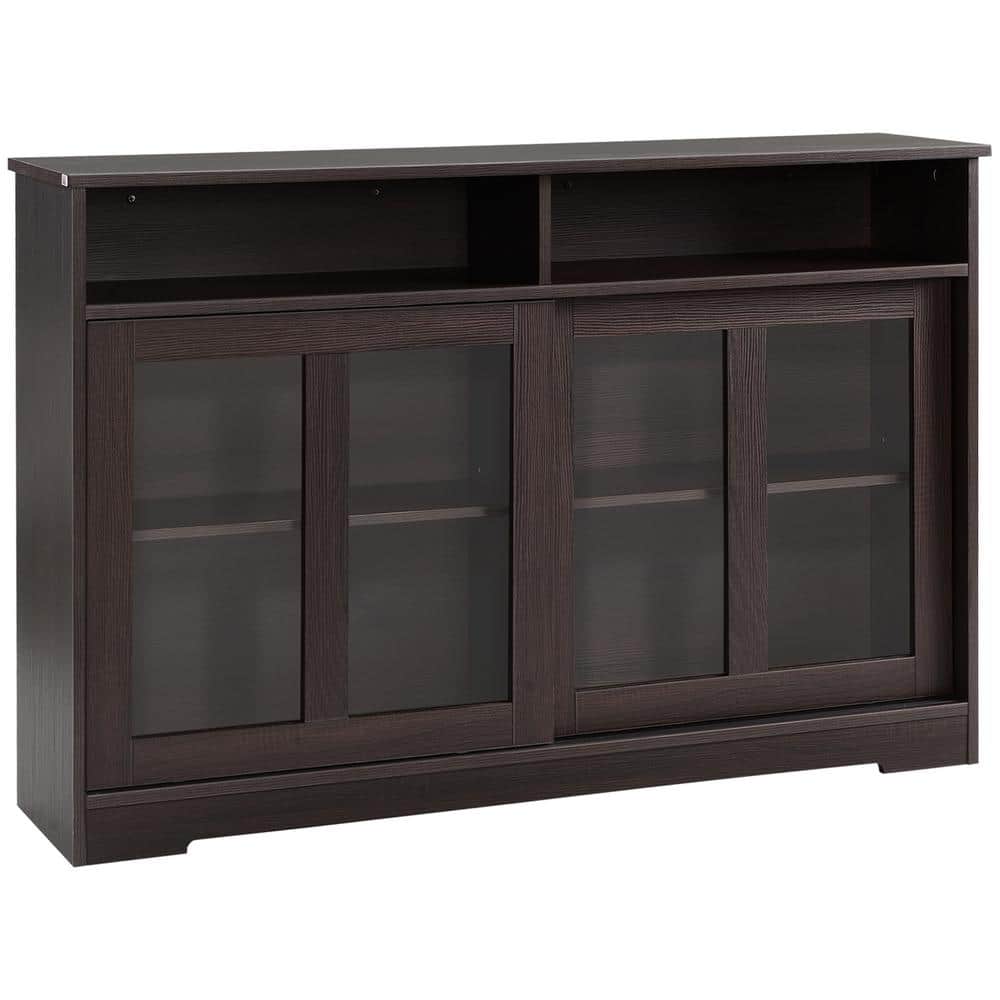 Dark Brown Modern Kitchen Storage Sideboard, Buffet Sliding Glass Doors Cupboard