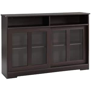 Dark Brown Modern Kitchen Storage Sideboard, Buffet Cabinet, Sliding Glass Doors Cupboard with Adjustable Shelf
