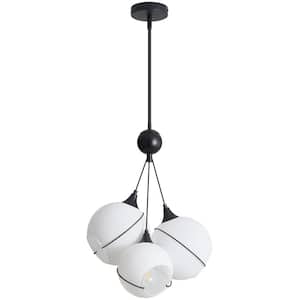 Modern 3-Light Black Chandelier Height Adjustable with 3 Globe Opal Frosted Glass Shade for Dining Room Living Room