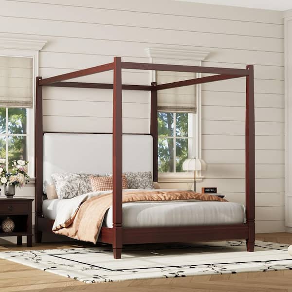 Yervon Modern Espresso Brown Wood Frame Queen Size Canopy Bed Platform Bed with Off-White Fabric Upholstery Headboard