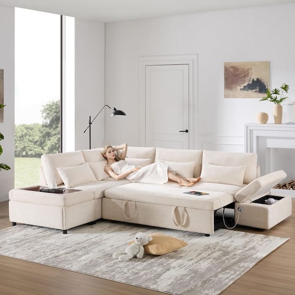 107 in. Chenille Sectional Sleeper Sofa Bed in Beige with Pull Out Couch and Storage Ottoman