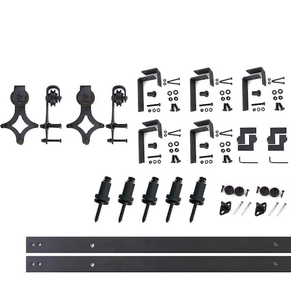 HOMACER 7 ft./84 in. Black Rustic Double Track Bypass U-Shape Sliding Barn Door Hardware Kit - Diamond Design Roller