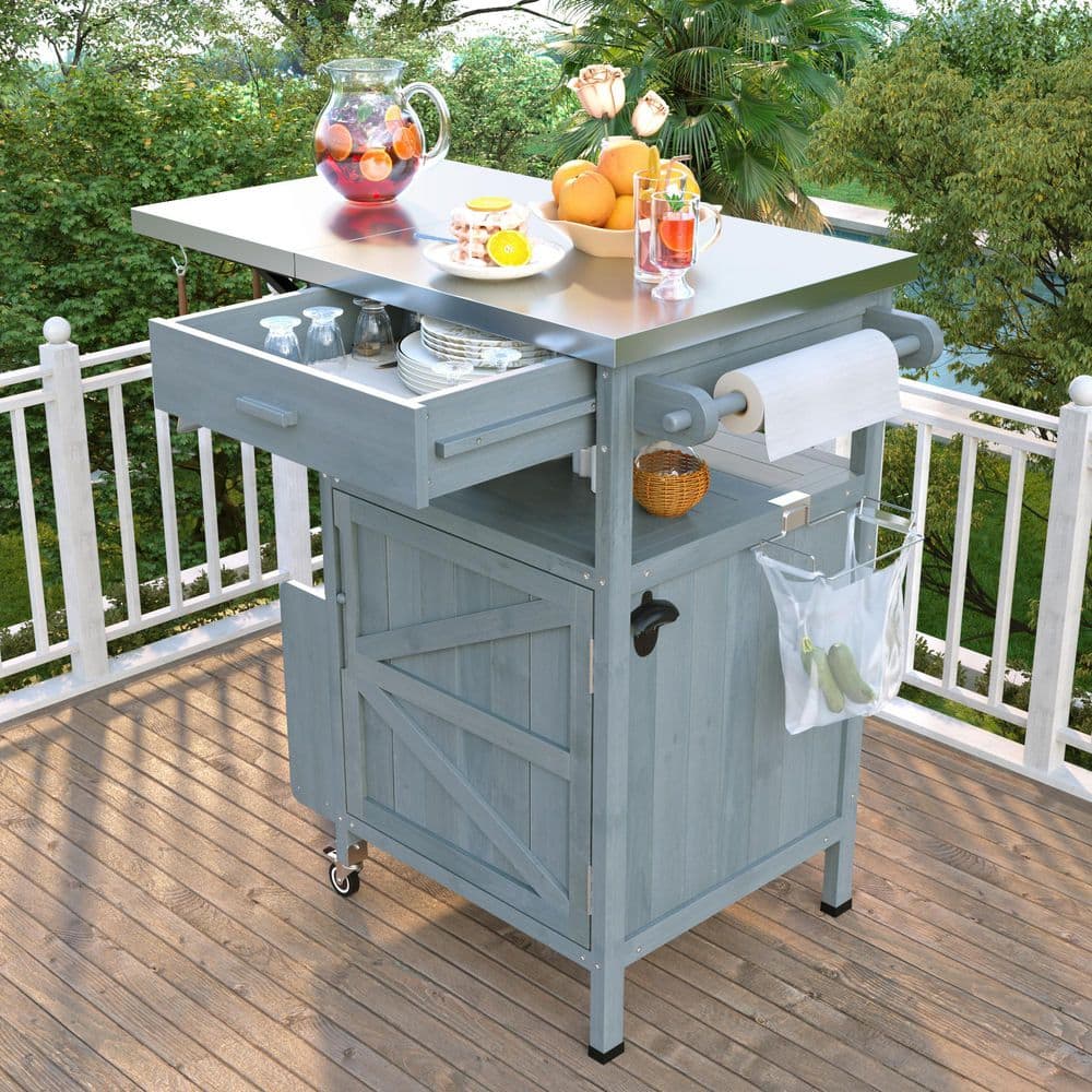Blue Gray Wood 40.5 in. Kitchen Island Cart Outdoor Grill Cart Outdoor Storage Cabinet with Stainless Steel Top