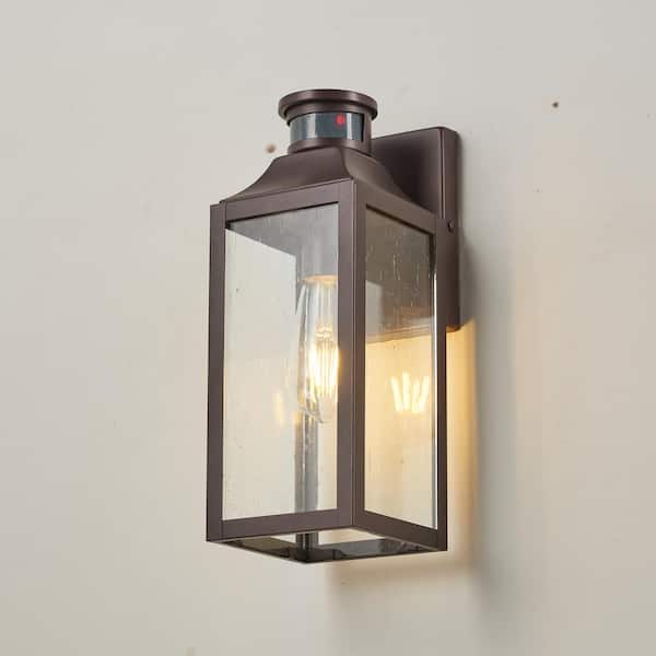 Unbranded Oil Rubbed Bronze Motion Sensing Outdoor Wall Outlet Wall Sconce with No Bulbs Included Clear Seedy Shade