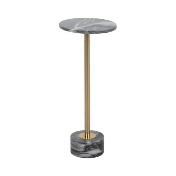 Liv & Skye 10 in. Gray/Gold Round Marble Accent Table