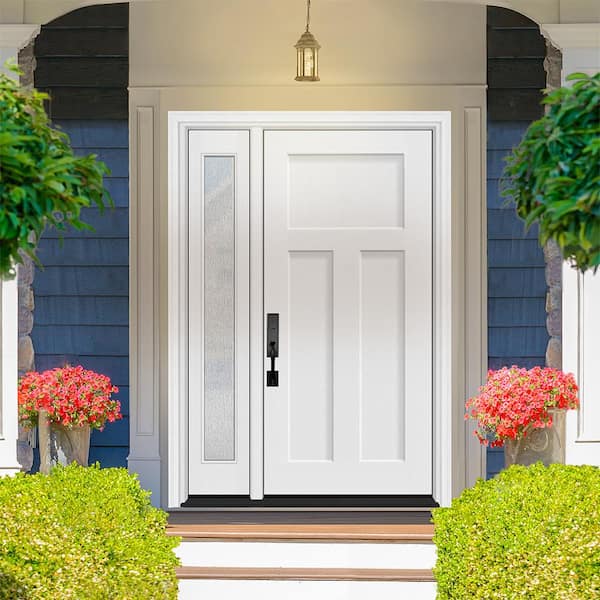 Legacy 53 in. x 80 in. 3 Panel Craftsman RHIS Unfinished White Fiberglass Prehung Front Door w/Rain 14" SL 4-9/16 Jamb