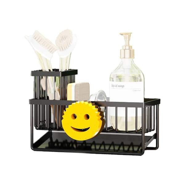 Black Finish Stainless Steel Sponge Holder Kitchen Sink Caddy with Smiley Face Removable Brush Organizer Self-Draining