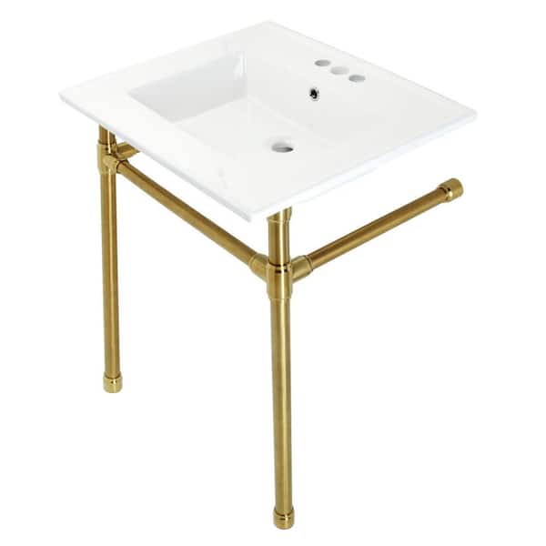 Kingston Brass Dreyfuss Ceramic White Console Sink Basin and Leg Combo in Brushed Brass
