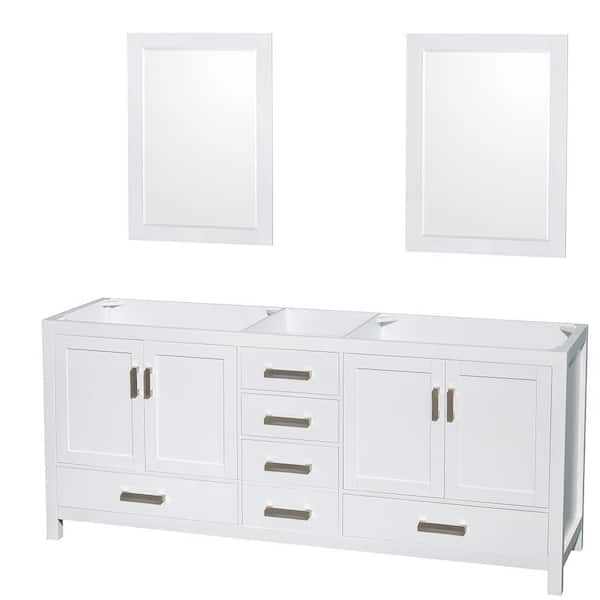 Wyndham Collection Sheffield 78.5 in. W x 21.5 in. D x 34.25 in. H Double Bath Vanity Cabinet without Top in White with 24" Mirrors