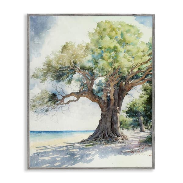 Stupell Industries Watercolor Tree on Shore by Svetlana Aleynikova Gray Framed Coastal Giclee Art Print 30 in. x 24 in.