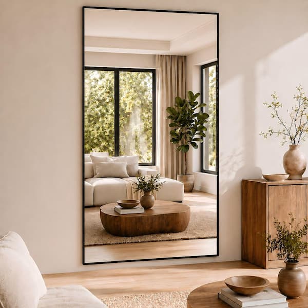 34 in. W x 76 in. H Rectangular Black Aluminum Alloy Framed Modern Oversized Wall Mirror