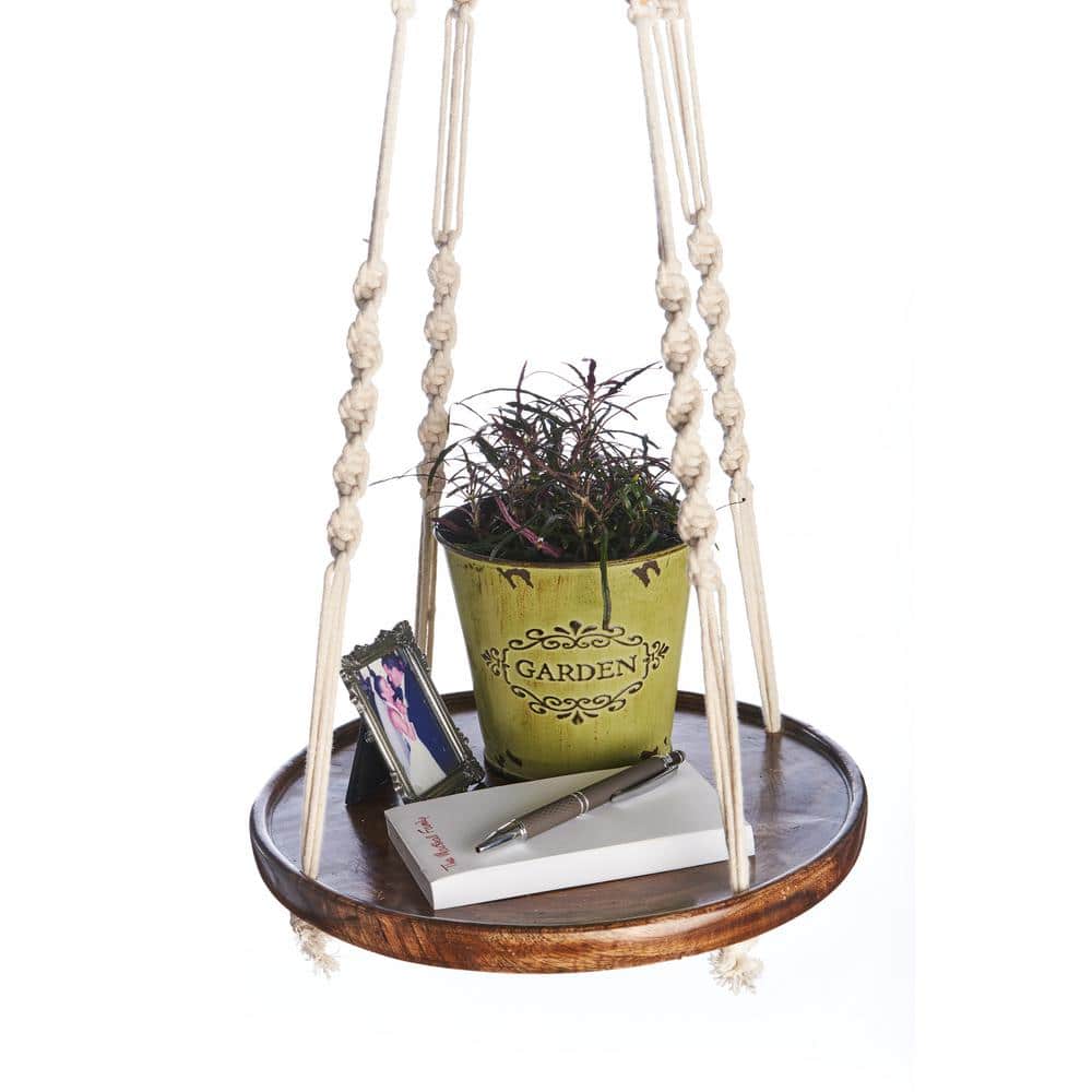 36" Stained Mango Wood Hanging Shelf with Jute Hanger
