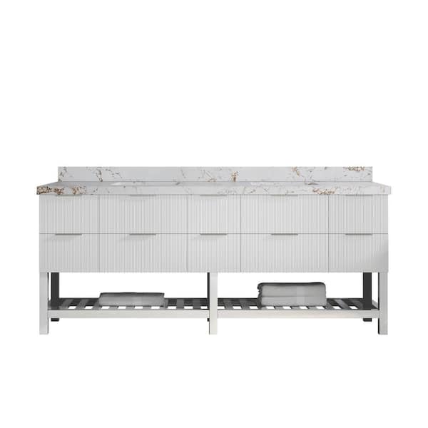 Willow Collections Catalina 84 in. Double Sink Freestanding Fine Grain Bath Vanity with Viola Gold Qt. Top Unassembled