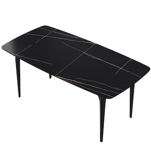 70.87 in. Rectangle Round Edge Sintered Stone Top Black Dining Table with 4-Black Metal Legs (Seats 6)