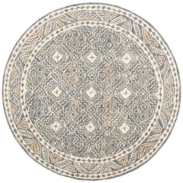 Micro-Loop 3 ft. x 3 ft. Round Blue/Ivory Multi-Diamond Border Area Rug