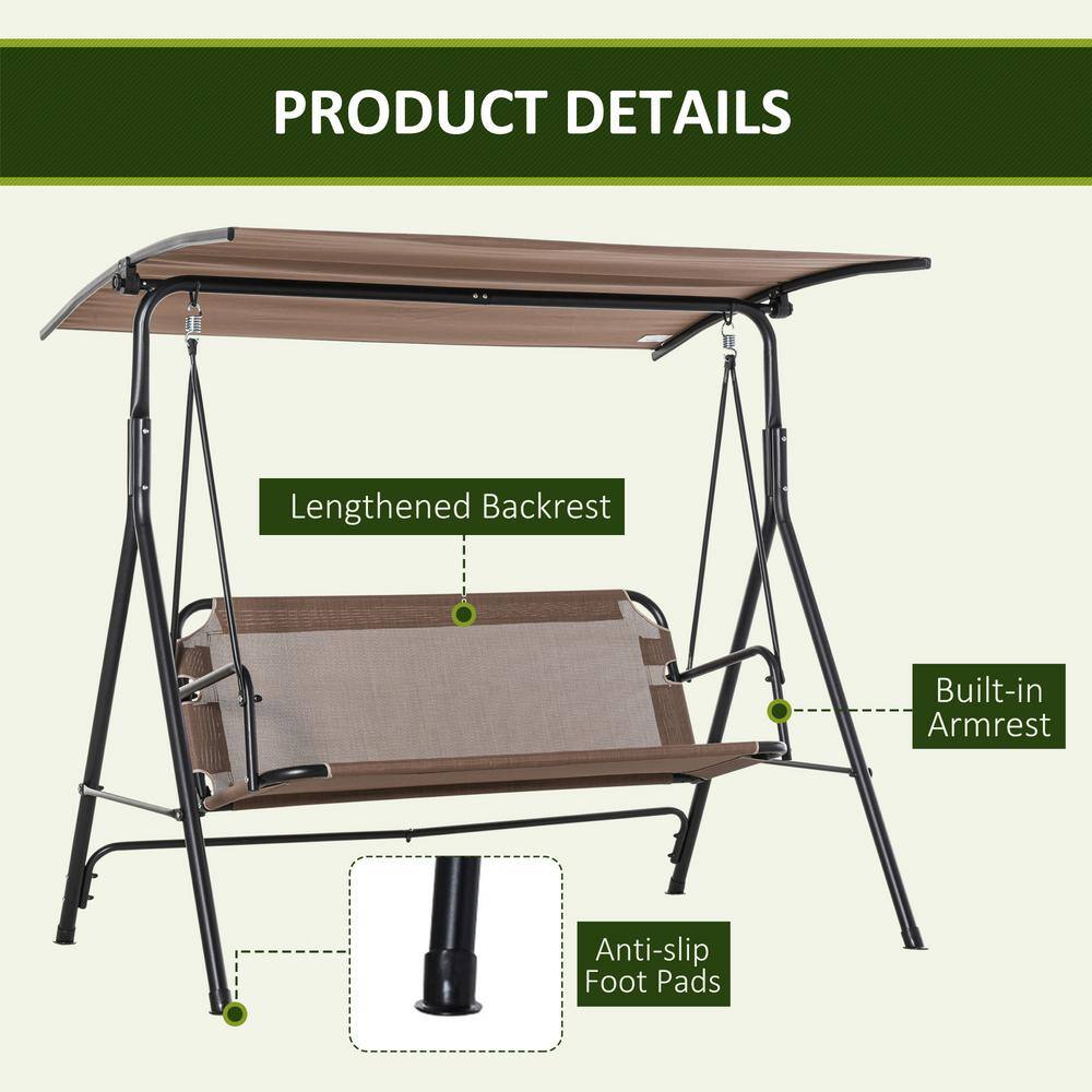 Brown Steel Frame 2-Seater Patio Swing Chair with Adjustable Canopy