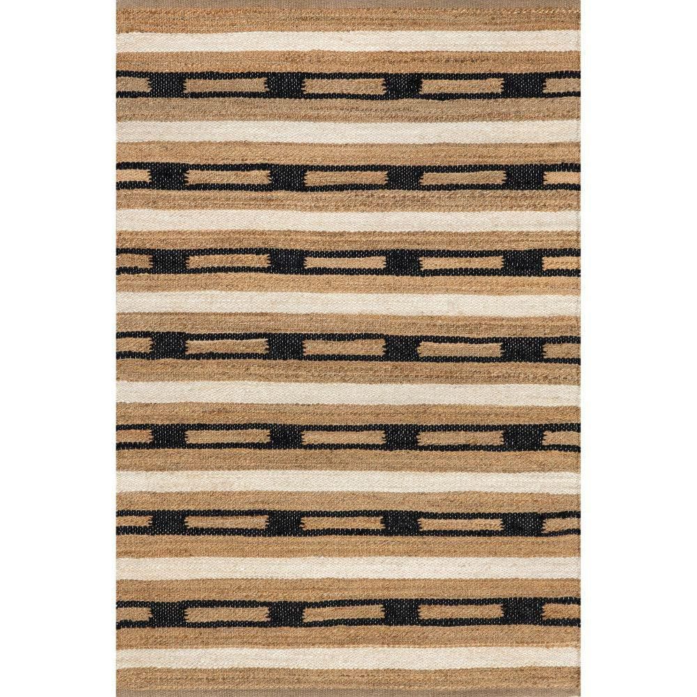 Handmade Black and Beige Striped Jute Rectangular Area Rug, 10' x 14'