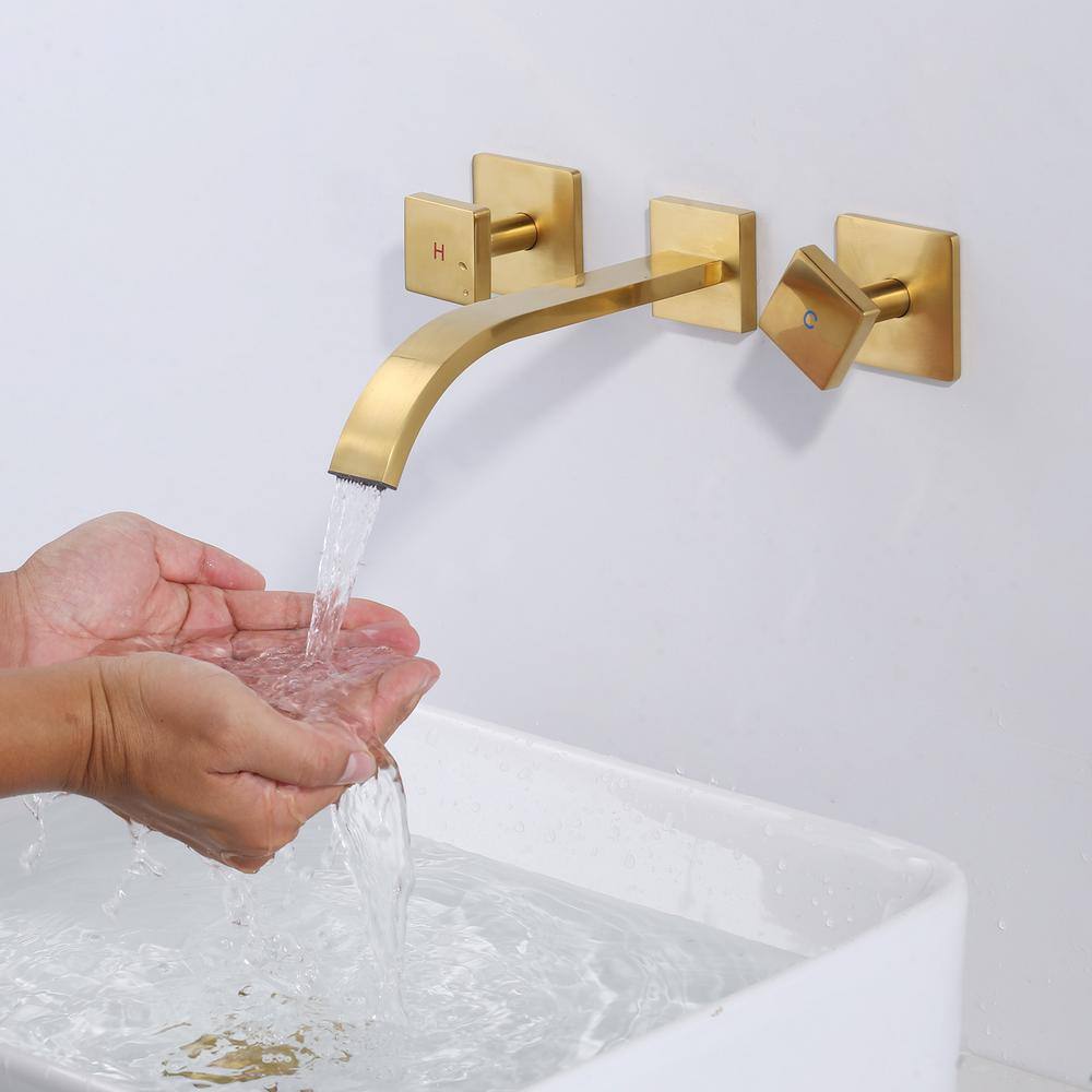 Brushed Gold Double Handle Wall Mounted Bathroom Faucet
