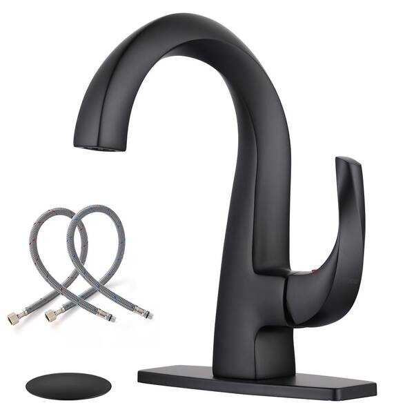 WOWOW Single Handle Single Hole Bathroom Faucet with Deckplate Included and Drain Kit in Matte Black