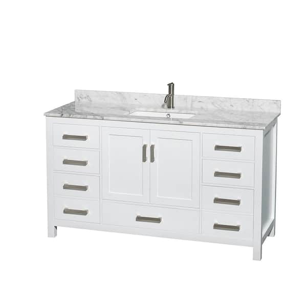 Wyndham Collection Sheffield 60 in. W x 22 in. D x 35 in. H Single Bath Vanity in White with White Carrara Marble Top