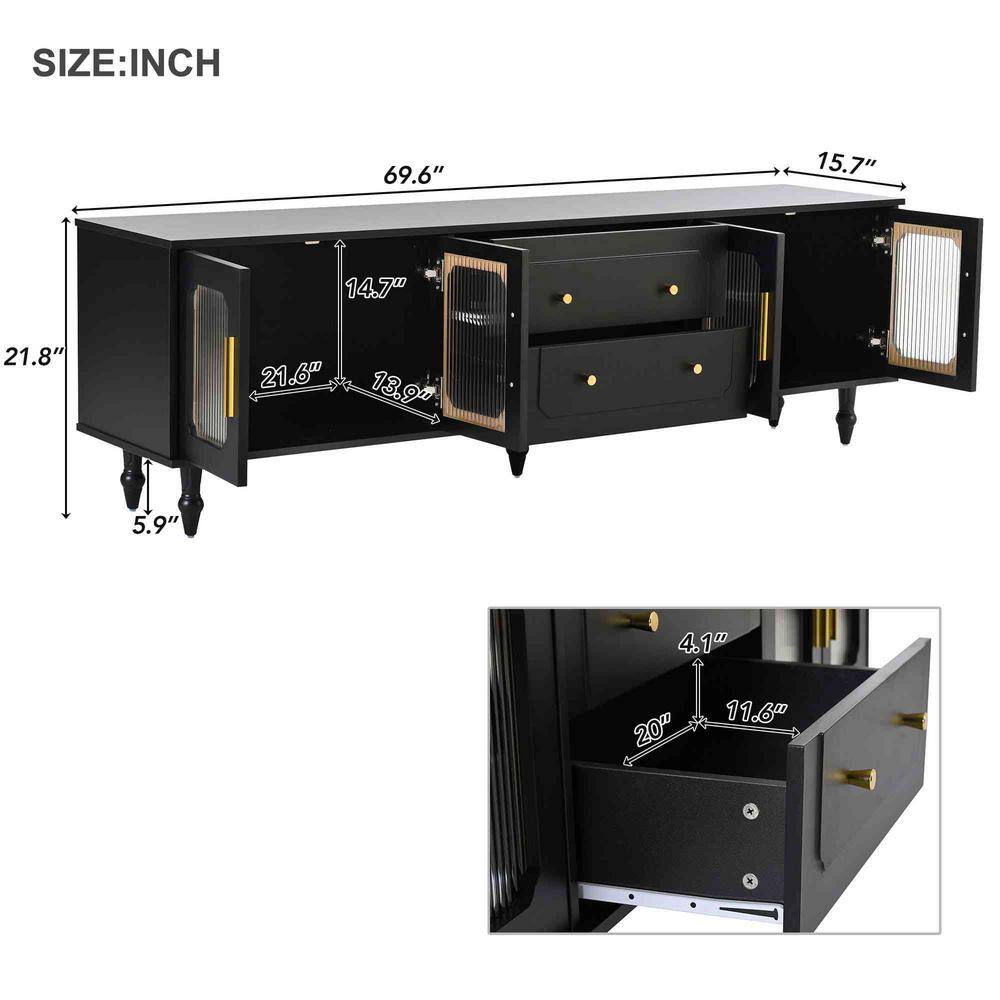 Black Fluted Glass Door TV Stand with Drawers and Cabinets