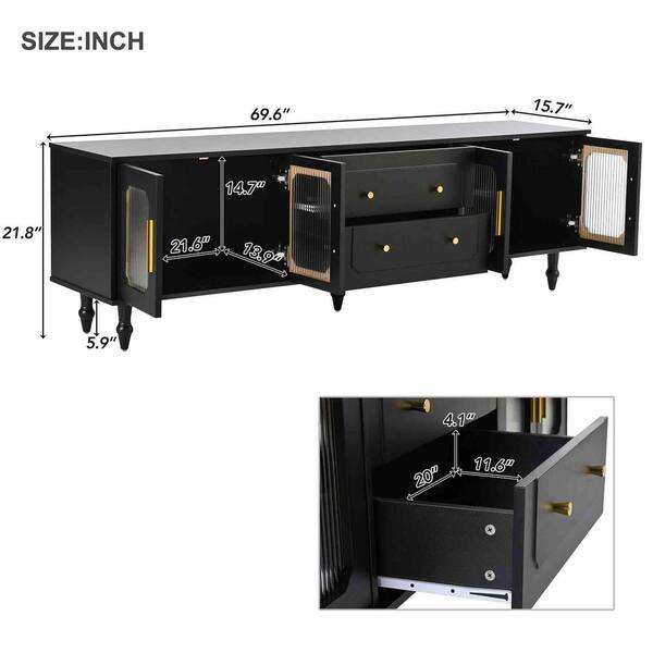 Modern Black TV Stand Fits TV's Up to 78 in. with Fluted Glass Doors, 2 Drawers and Cabinets