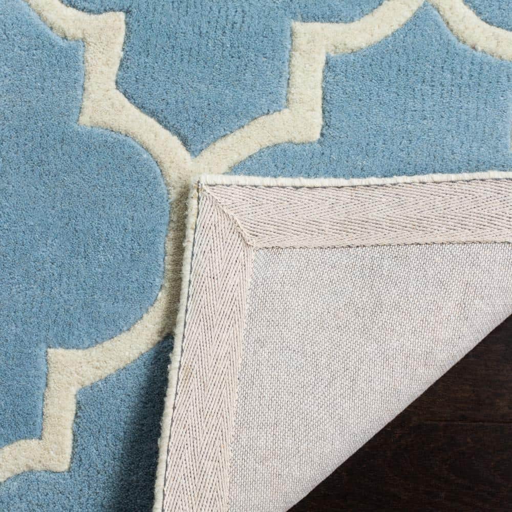 Hand-Tufted Geometric Wool Runner Rug in Blue/Ivory, 27"x8"