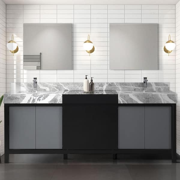 Lexora Zilara 84 in W x 22 in D Black and Grey Double Bath Vanity, Castle Grey Marble Top and 34 in Mirrors