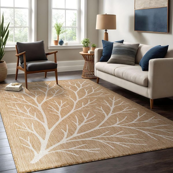 Flora Natural 6 ft. x 9 ft. Coral Branch Washable Indoor Outdoor Area Rug