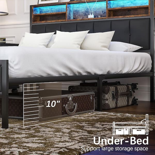 Bed with Storage, Black Metal Frame Full Platform Bed with LED Lights, USB Ports and Power Outlets Upholstered Bed