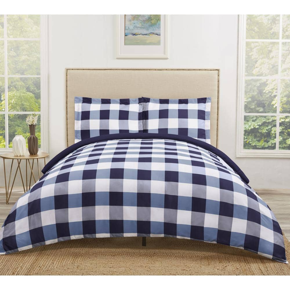 Navy and White Buffalo Plaid Microfiber Duvet Cover Set