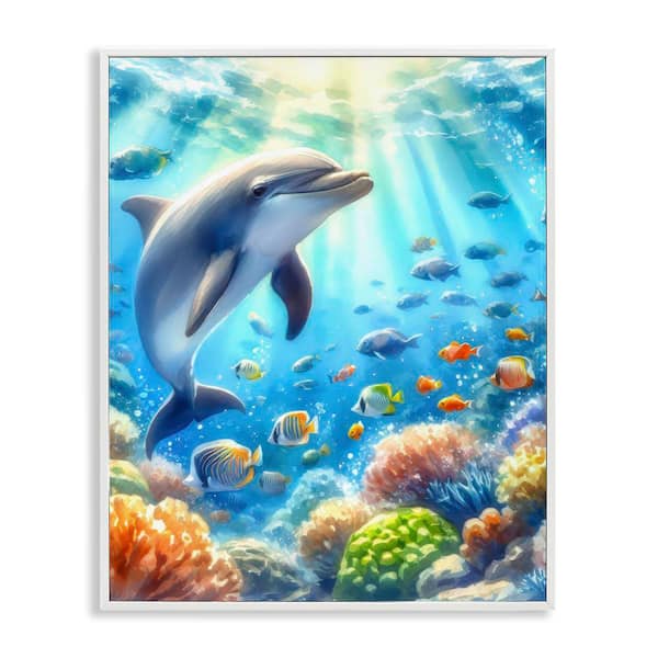 Stupell Industries Smiling Dolphin Under Sea by LSR Design Studio White Framed Coastal Giclee Art Print 20 in. x 16 in.
