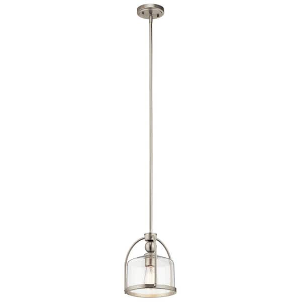 1-Light Brushed Nickel Transitional Shaded Kitchen Mini Pendant Hanging Light with Clear Glass