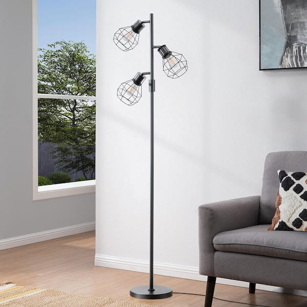 65 in. Black 3-Light Smart Dimmable Swing Arm Floor Lamp for Living Room with Elegant Cages