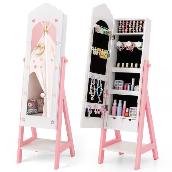 HONEY JOY White Wood Kids Jewelry Armoire Cabinet Freestanding Full Length Dressing Mirror with Large Capacity
