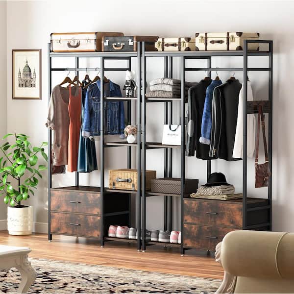 Tribesigns Freestanding Clothes Rack with Drawers and shelves,72 inches Closet  Organizer with Shelf and Hooks,Heavy Duty Garment Clothing Rack for hanging  clothes,Bedroom(Rustic Brown) 