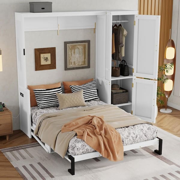 Titania White Wood Frame Queen Size Murphy Bed with Wardrobe, Desk, Gas Struts, Charging Station