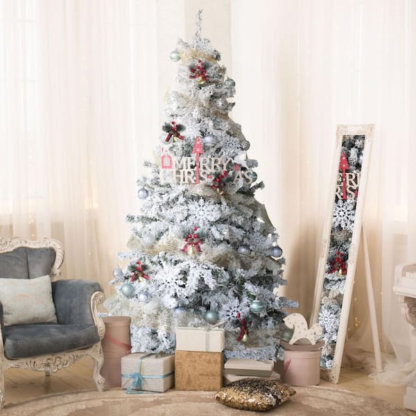 Flocked white Christmas tree with all white and silver decorations and  white beads – House Mix