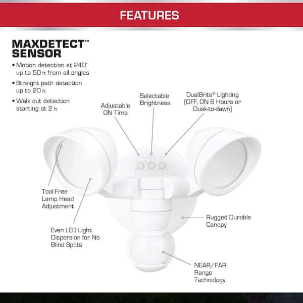 MaxDetect 240° White Motion Sensing Wired Outdoor 2-Head LED Security Flood Light 1400 Lumens DualBrite 2-Level Lighting