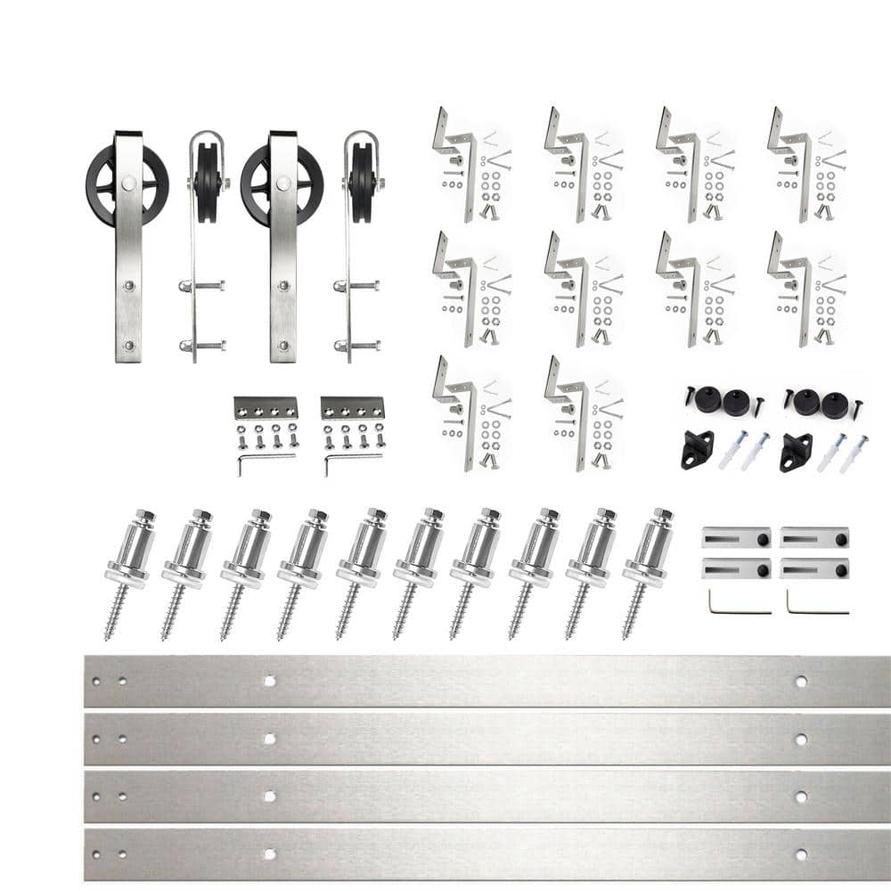 14 ft./168 in. Brushed Nickel Double Track Bypass Z-Shape Sliding Barn Door Hardware Kit - Spoke Wheel Design Roller price history on PriceWatchPro