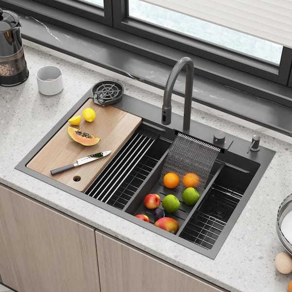 WIAWG 33.2 in. W Drop-in Single Bowl Matte Black Stainless