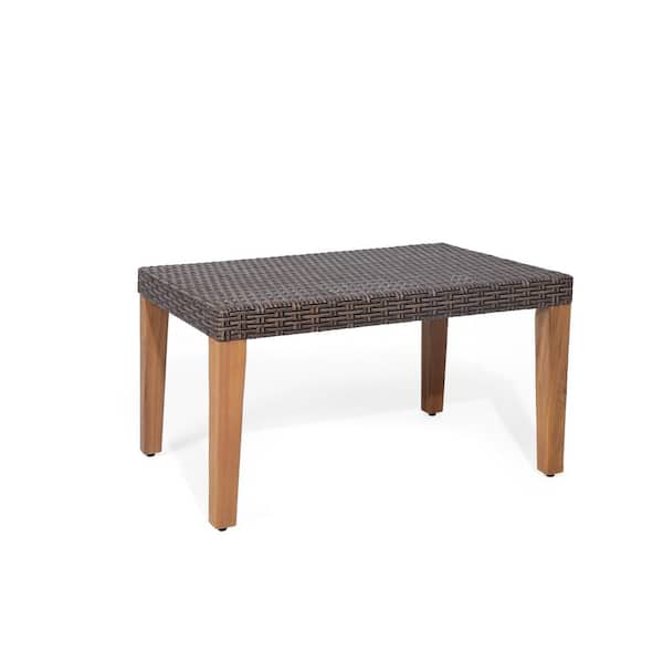 Zeus & Ruta Brown Wicker and Wood Outdoor Ottoman for Backyard, Porch, Poolside and Garden