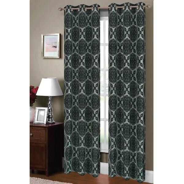 Window Elements Semi-Opaque Diamante Flocked Faux Silk 84 in. L Grommet Curtain Panel Pair, Grey Teal/Black (Set of 2)