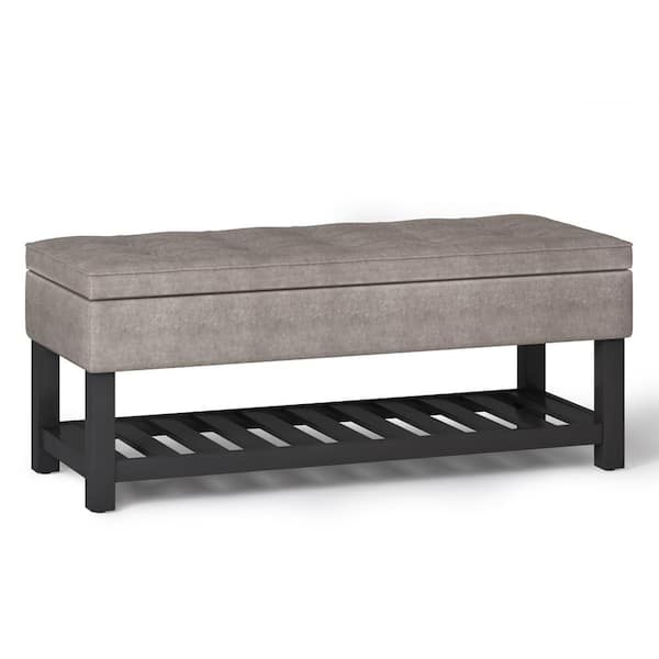 Simpli Home Cosmopolitan 44 in.W Transitional Rectangle Storage Ottoman Bench with Open Bottom in Distressed Grey Taupe Faux Leather